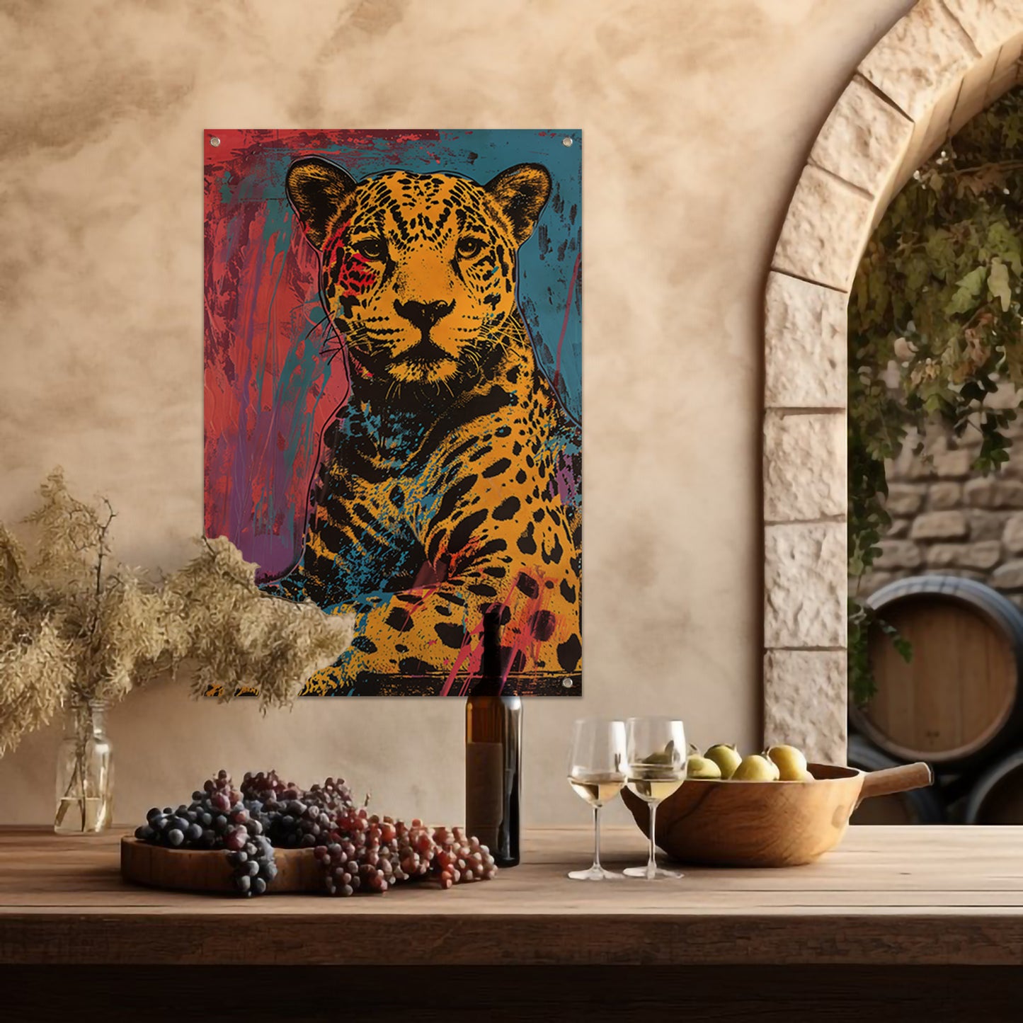 Kleurrijk popart schilderij van een jaguar tuinposter