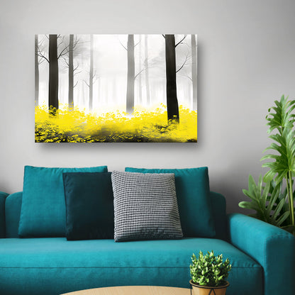 Mistig bos met gele bloemen poster