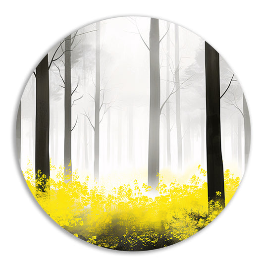 Mistig bos met gele bloemen aluminium muurcirkel