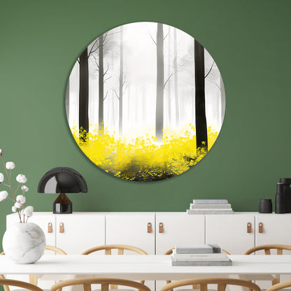Mistig bos met gele bloemen aluminium muurcirkel