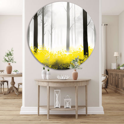 Mistig bos met gele bloemen aluminium muurcirkel