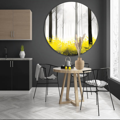 Mistig bos met gele bloemen aluminium muurcirkel