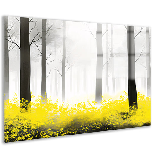 Mistig bos met gele bloemen acrylglas