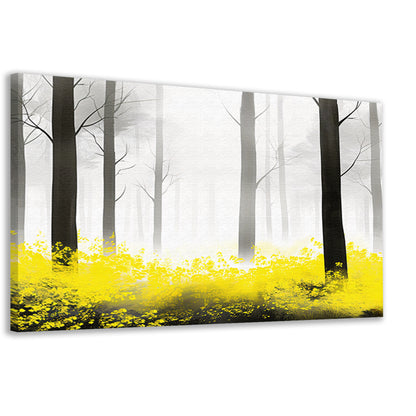 Mistig bos met gele bloemen canvas