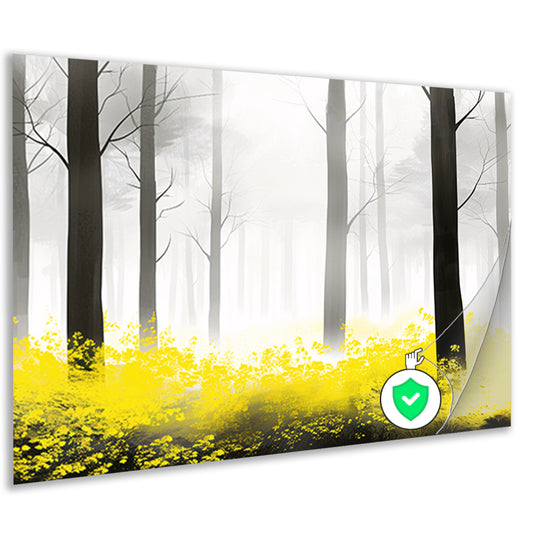 Mistig bos met gele bloemen poster