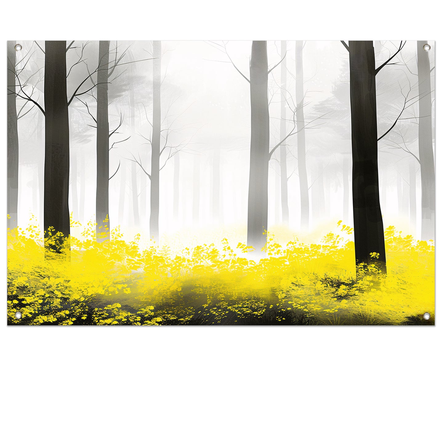 Mistig bos met gele bloemen tuinposter