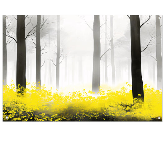 Mistig bos met gele bloemen tuinposter