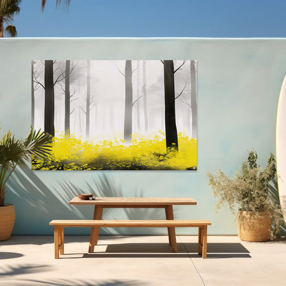 Mistig bos met gele bloemen tuinposter