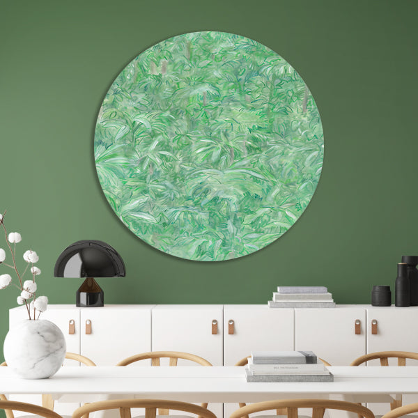 Realistisch schilderij van een groene bos aluminium muurcirkel