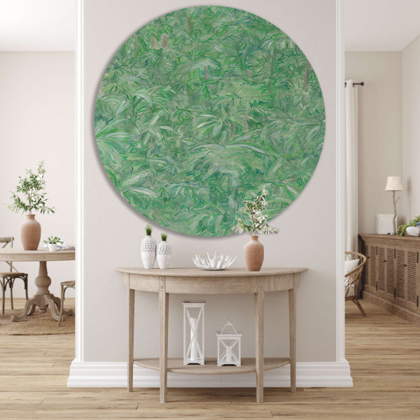 Realistisch schilderij van een groene bos aluminium muurcirkel