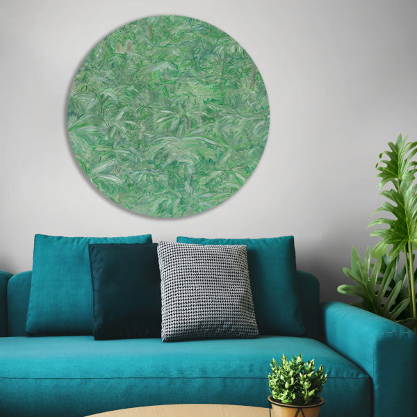 Realistisch schilderij van een groene bos aluminium muurcirkel