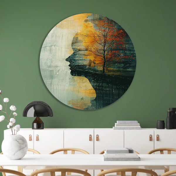 Vrouw met boom in herfstkleuren aluminium muurcirkel
