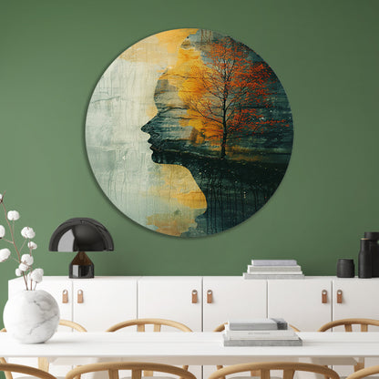 Vrouw met boom in herfstkleuren aluminium muurcirkel