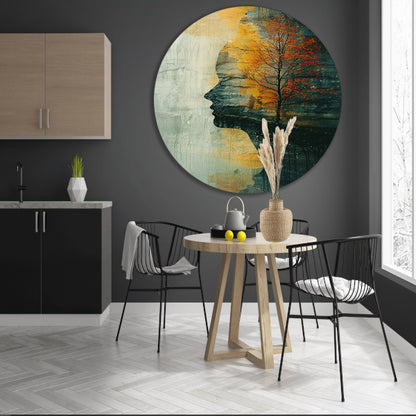 Vrouw met boom in herfstkleuren aluminium muurcirkel