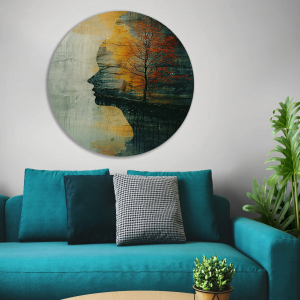 Vrouw met boom in herfstkleuren aluminium muurcirkel