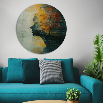 Vrouw met boom in herfstkleuren aluminium muurcirkel