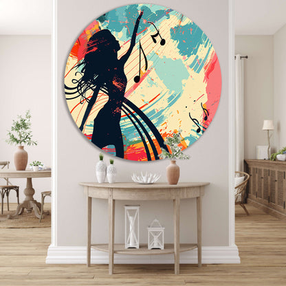Abstracte silhouet dansend met muzieknoten   aluminium muurcirkel