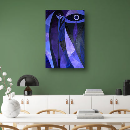 Kubistisch abstract vogelkunstwerk in paarstinten canvas met baklijst