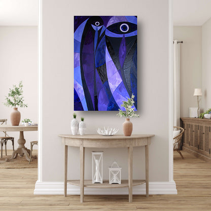 Kubistisch abstract vogelkunstwerk in paarstinten canvas met baklijst