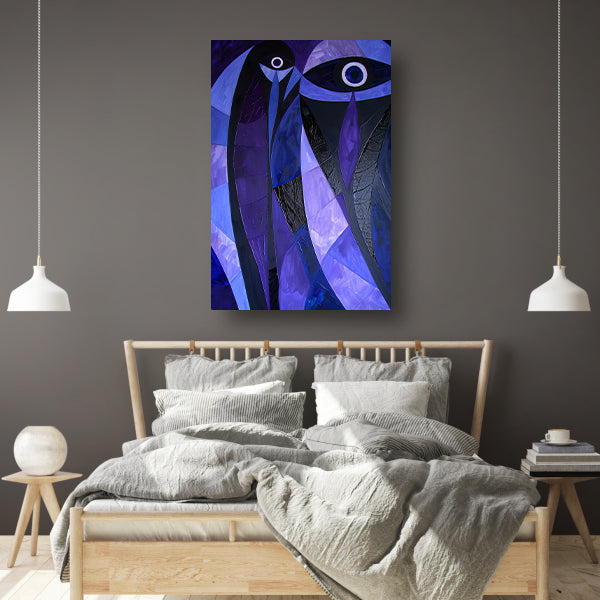 Kubistisch abstract vogelkunstwerk in paarstinten canvas met baklijst