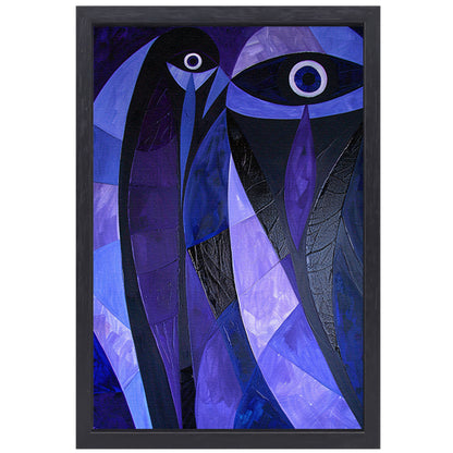 Kubistisch abstract vogelkunstwerk in paarstinten canvas met baklijst