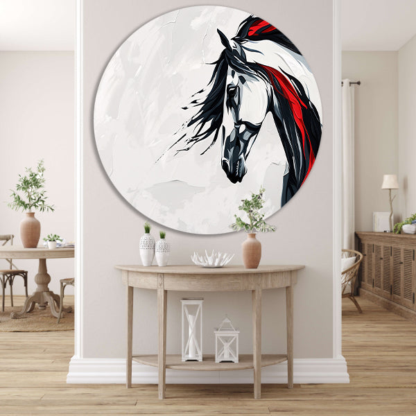 Minimalistisch zwart-wit schilderij van paard aluminium muurcirkel