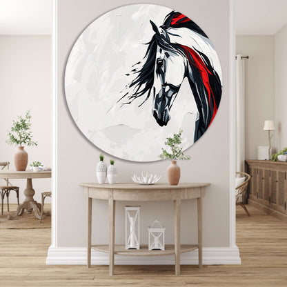 Minimalistisch zwart-wit schilderij van paard aluminium muurcirkel