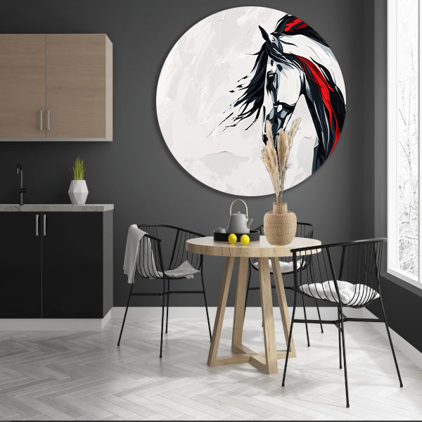 Minimalistisch zwart-wit schilderij van paard aluminium muurcirkel