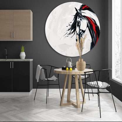 Minimalistisch zwart-wit schilderij van paard aluminium muurcirkel