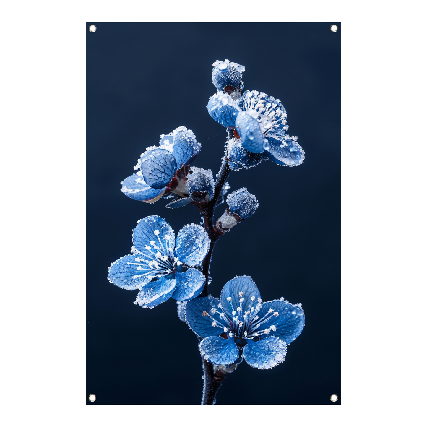 Blauwe bloemen met ijskristallen in close-up tuinposter