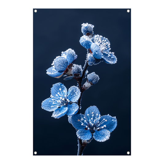 Blauwe bloemen met ijskristallen in close-up tuinposter