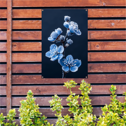 Blauwe bloemen met ijskristallen in close-up tuinposter