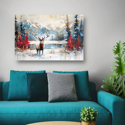 Expressief hert in winterlandschap schilderij poster