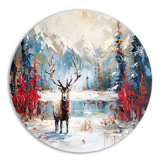 Expressief hert in winterlandschap schilderij aluminium muurcirkel