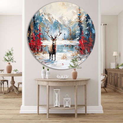Expressief hert in winterlandschap schilderij aluminium muurcirkel
