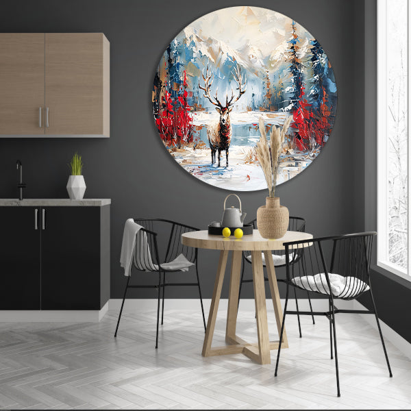 Expressief hert in winterlandschap schilderij aluminium muurcirkel