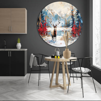 Expressief hert in winterlandschap schilderij aluminium muurcirkel