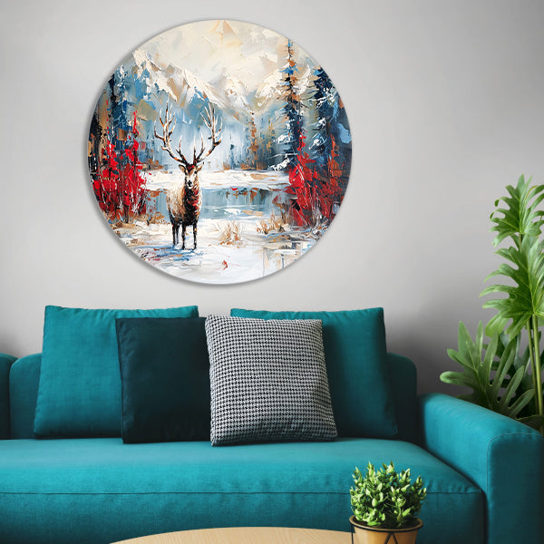 Expressief hert in winterlandschap schilderij aluminium muurcirkel