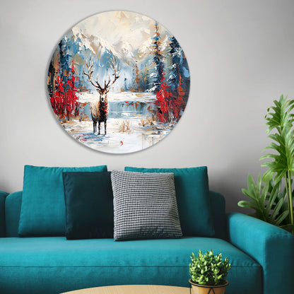 Expressief hert in winterlandschap schilderij aluminium muurcirkel