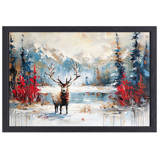Expressief hert in winterlandschap schilderij canvas met baklijst