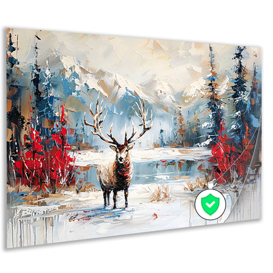Expressief hert in winterlandschap schilderij poster