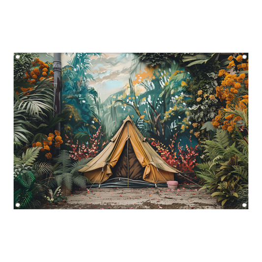 Kampeertent in een dromerig kleurrijk bos tuinposter