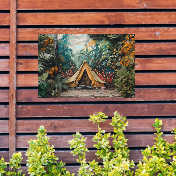 Kampeertent in een dromerig kleurrijk bos tuinposter