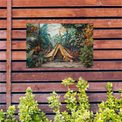 Kampeertent in een dromerig kleurrijk bos tuinposter
