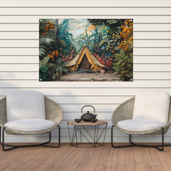 Kampeertent in een dromerig kleurrijk bos tuinposter