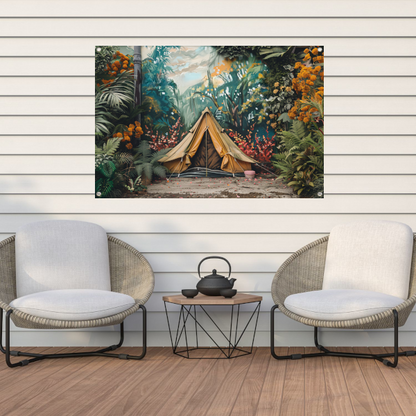 Kampeertent in een dromerig kleurrijk bos tuinposter