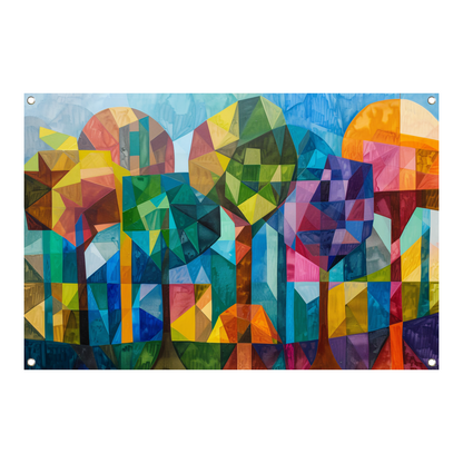 Abstracte kleurrijke bomen in geometrische stad tuinposter
