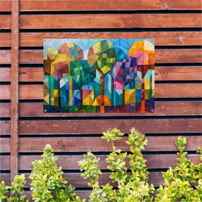 Abstracte kleurrijke bomen in geometrische stad tuinposter