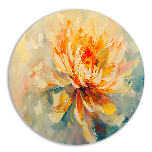 Abstract chrysant schilderij met levendige kleuren aluminium muurcirkel