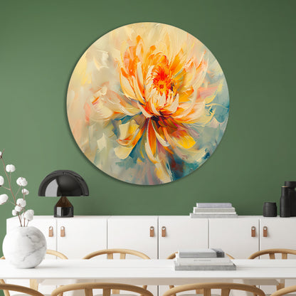 Abstract chrysant schilderij met levendige kleuren aluminium muurcirkel